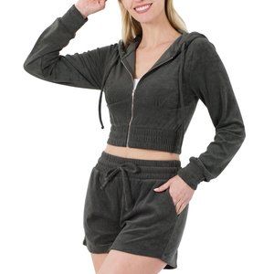 Zip Up Cropped Hoodie & Shorts Set